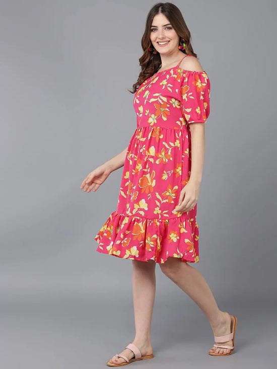 Ahika Women Coral Yellow Floral Printed Off Shoulder Fit And Flare Dress