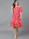 Ahika Women Coral Yellow Floral Printed Off Shoulder Fit And Flare Dress