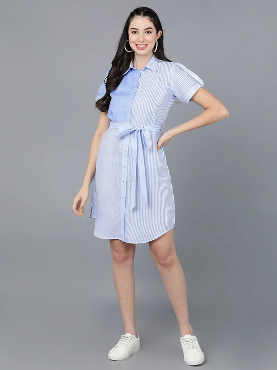 Ahika Women Blue Cotton Striped Dress