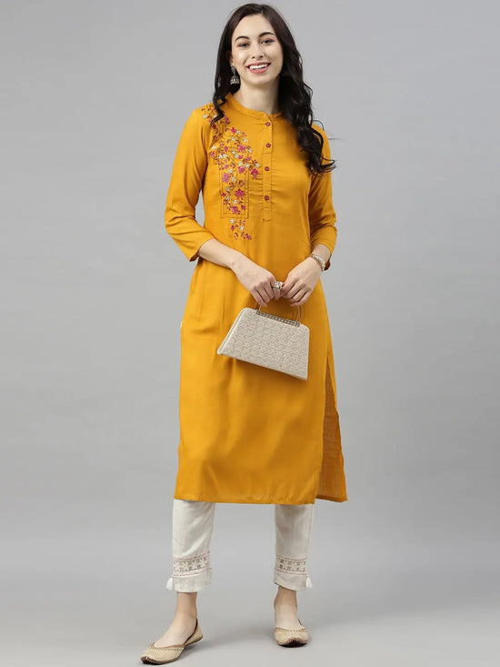 Ahika Women Mustard Yellow Floral Embroidered Thread Work Kurta