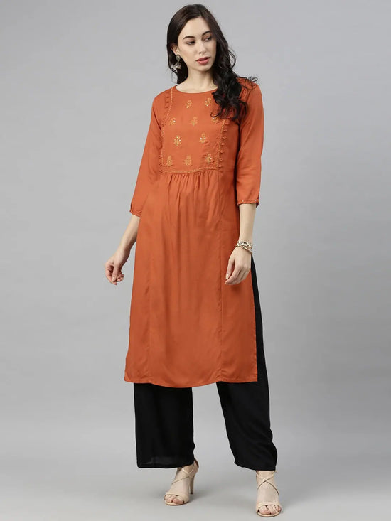 Ahika Women Orange Ethnic Motifs Yoke Design Thread Work Pleated Kurta