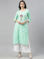 Ahika Women Sea Green White Floral Embroidered Thread Work Kurta