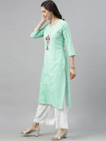 Ahika Women Sea Green White Floral Embroidered Thread Work Kurta