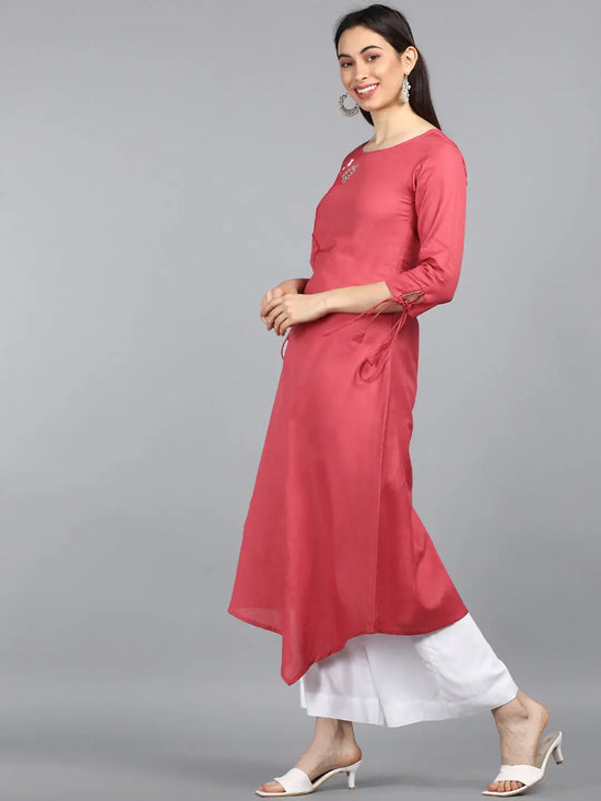 Ahika Women Peach Solid Embroidered Kurtas