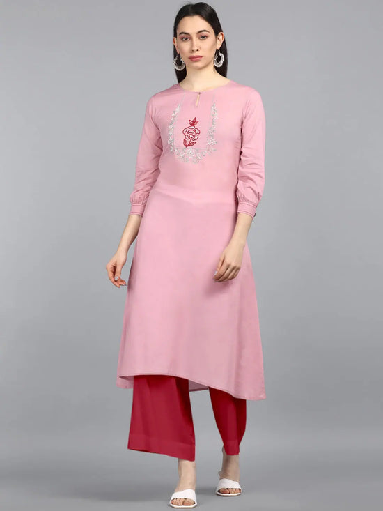 Ahika Women Pink Solid Embroidered Kurtas 3