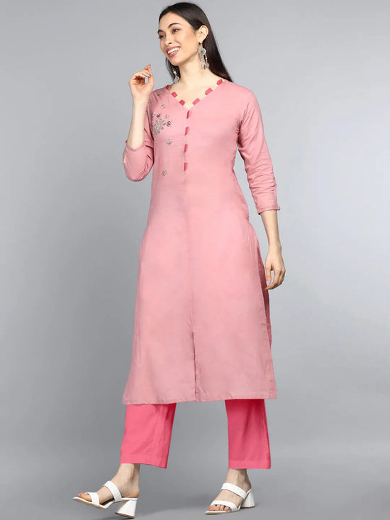 Ahika Women Pink Solid Embroidered Kurtas