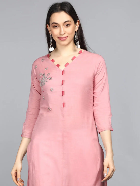 Ahika Women Pink Solid Embroidered Kurtas