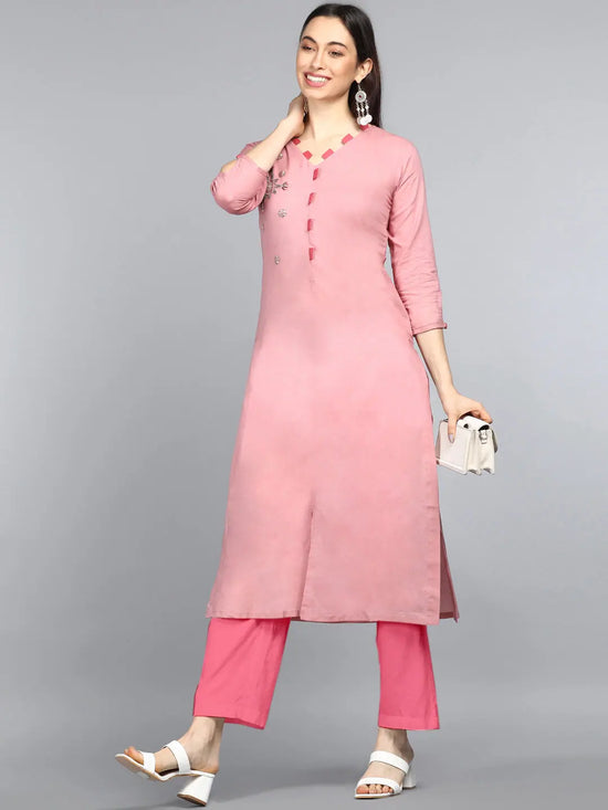 Ahika Women Pink Solid Embroidered Kurtas