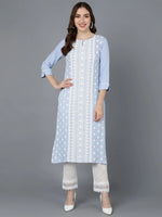 Ahika Women Blue Silk Embroidered Kurta