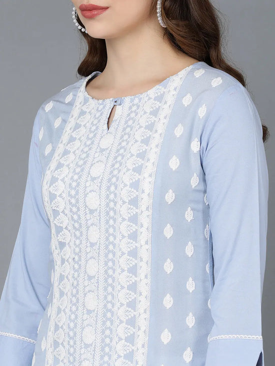 Ahika Women Blue Silk Embroidered Kurta