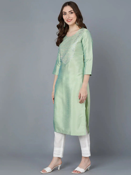 Ahika Women Sea Green Silk Embroidered Kurta