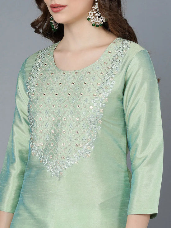 Ahika Women Sea Green Silk Embroidered Kurta