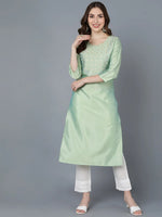 Ahika Women Sea Green Silk Embroidered Kurta