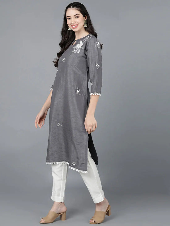 Ahika Women Polyester Grey Embroidered Kurtas