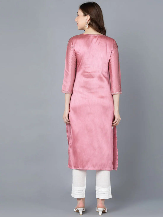 Ahika Women Pink Silk Solid Kurta