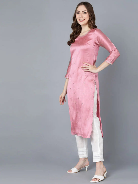 Ahika Women Pink Silk Solid Kurta