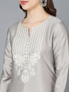 Ahika Women Grey Silk Embroidered Kurta