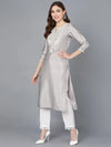 Ahika Women Grey Silk Embroidered Kurta