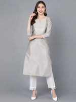 Ahika Women Grey Silk Embroidered Kurta