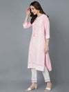 Ahika Women Pink White Floral Embroidered Keyhole Neck Kurta