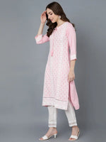 Ahika Women Pink White Floral Embroidered Keyhole Neck Kurta