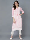 Ahika Women Pink White Floral Embroidered Keyhole Neck Kurta