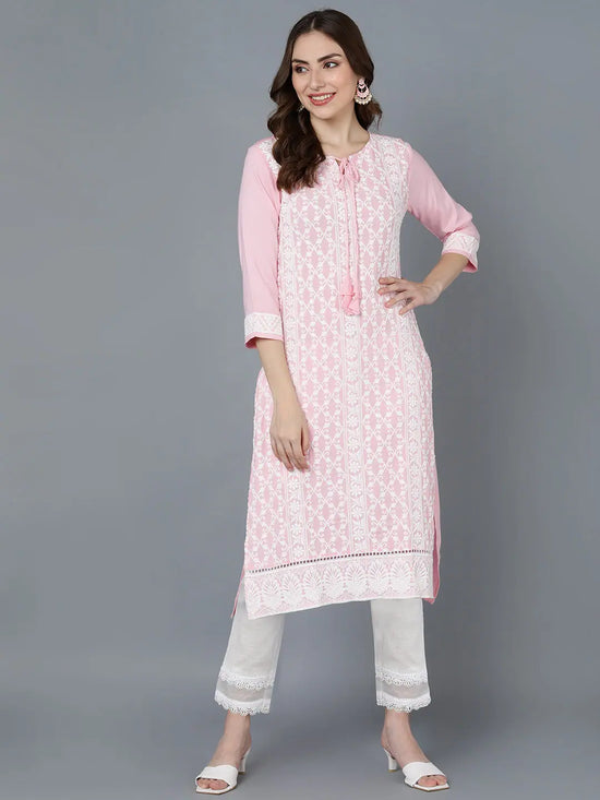 Ahika Women Pink White Floral Embroidered Keyhole Neck Kurta