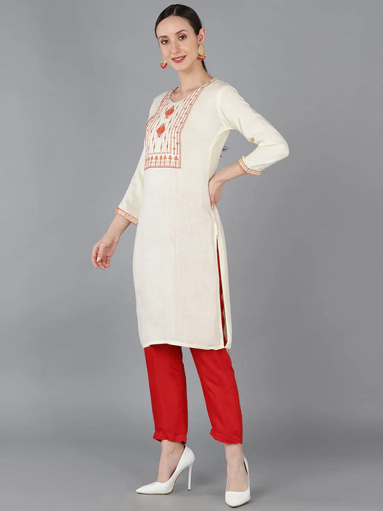 Ahika Women Cream Viscose Rayon Yoke Design Kurta