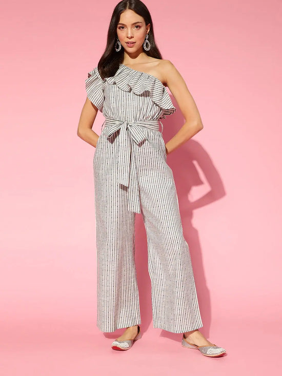 Women Striped Standard Off White Jumpsuits & Sets