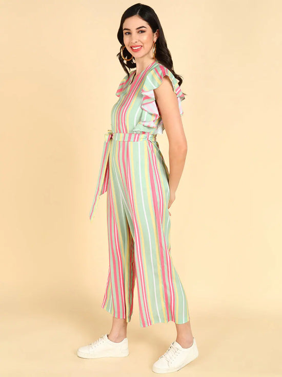 Women Striped Standard Green Jumpsuits & Sets