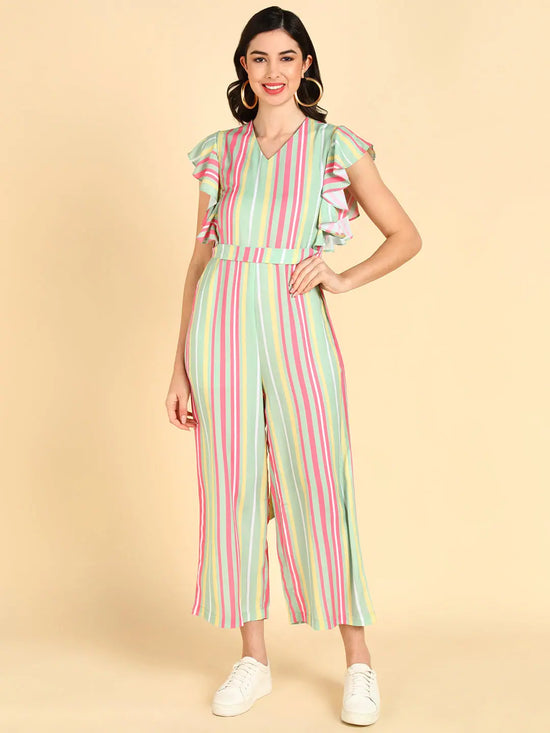 Women Striped Standard Green Jumpsuits & Sets