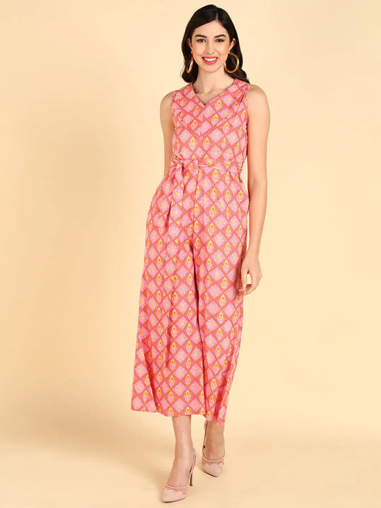 Ahika Women Peach Cotton Printed Jumpsuit