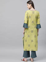 Ahika Women Festive Wear Cotton Fabric Lime Green Blue Printed Kurta With Palazzos Set