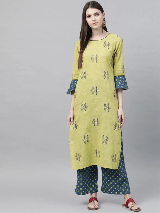 Ahika Women Festive Wear Cotton Fabric Lime Green Blue Printed Kurta With Palazzos Set