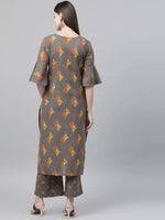 Ahika Women Regular Wear Cotton Fabric Printed Dark Brown Color Simple Kurta And Palazzo Set