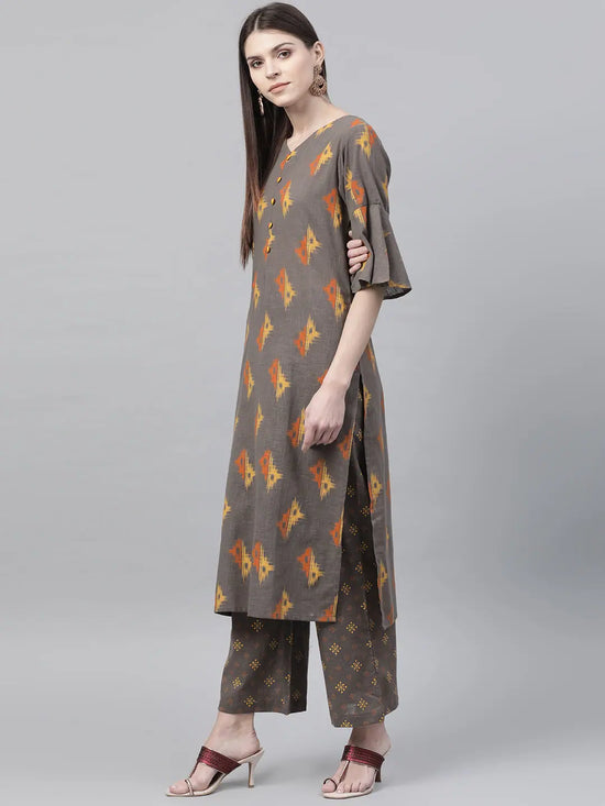 Ahika Women Regular Wear Cotton Fabric Printed Dark Brown Color Simple Kurta And Palazzo Set