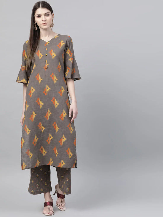 Ahika Women Regular Wear Cotton Fabric Printed Dark Brown Color Simple Kurta And Palazzo Set