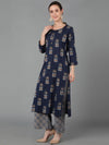 Ahika Women Navy Blue Pure Cotton Printed Kurta Palazzos