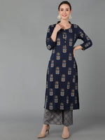 Ahika Women Navy Blue Pure Cotton Printed Kurta Palazzos