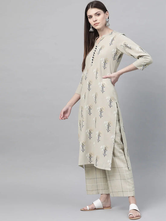 Ahika Women Beige Color Function Wear Cotton Fabric Printed Fancy Kurta And Palazzo Set