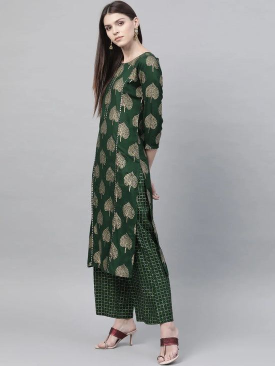 Ahika Women Casual Wear Cotton Fabric Dark Green Color Printed Trendy Kurta And Palazzo