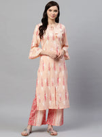 Ahika Women Festive Wear Cotton Fabric Peach Color Printed Trendy Kurta And Palazzo Set