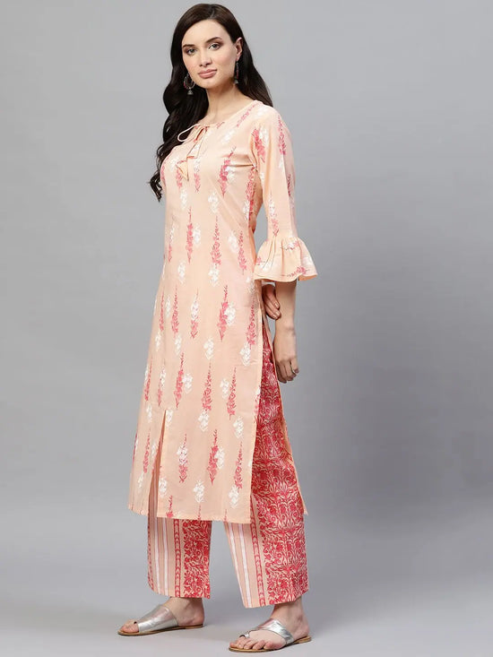 Ahika Women Festive Wear Cotton Fabric Peach Color Printed Trendy Kurta And Palazzo Set