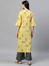 Ahika Women Regular Wear Cotton Fabric Printed Light Yellow Color Simple Kurta And Palazzo