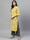 Ahika Women Regular Wear Cotton Fabric Printed Light Yellow Color Simple Kurta And Palazzo