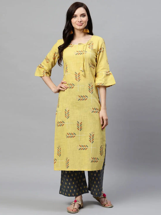 Ahika Women Regular Wear Cotton Fabric Printed Light Yellow Color Simple Kurta And Palazzo