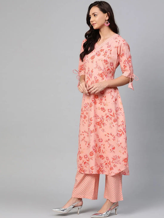 Ahika Women Daily Wear Pink Color Cotton Fabric Printed Fancy Kurta And Palazzo Set