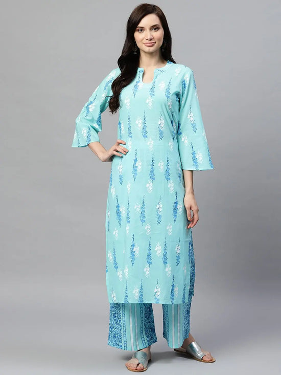 Ahika Women Casual Wear Cotton Fabric Sky Blue Color Printed Kurta And Palazzo Set