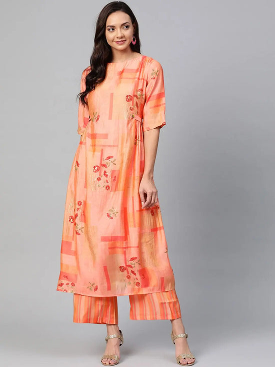 Ahika Women Casual Wear Cotton Fabric Peach Color Printed Trendy Kurta And Palazzo Set