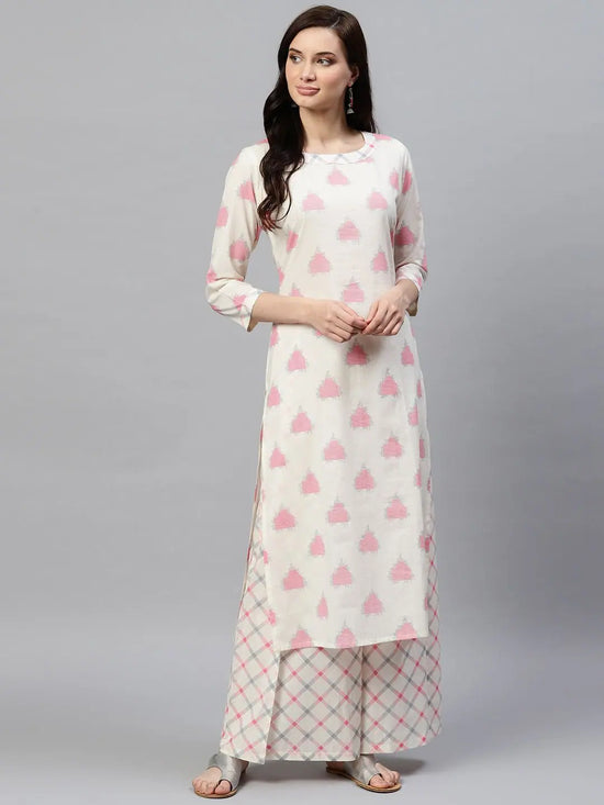 Ahika Women Festive Wear Cotton Fabric Off White Color Printed Trendy Kurta And Palazzo Set